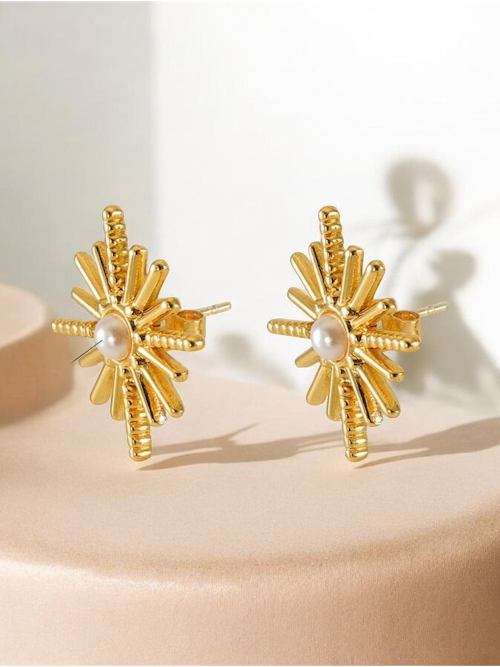 18k Gold plated Sunburst Pearl Center Stud Earrings - Women's Jewelry